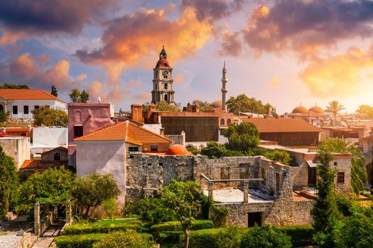 Panoramic view of Rhodes old town on Rhodes island, Greece. Rhodes old fortress cityscape. Travel destinations in Rhodes, Greece.