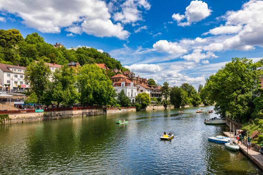 Picturesque town of Tuebingen with colourful half-timbered houses, crossed by the river Neckar. Houses at river Neckar and Hoelderlin tower, Tuebingen, Baden-Wuerttemberg, Germany. Tubingen, Germany. 
