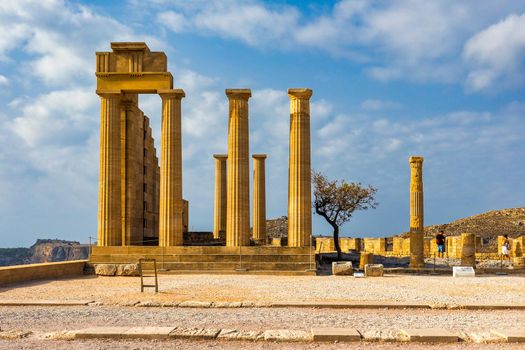 Ruins of Acropolis of Lindos view, Rhodes, Dodecanese Islands, Greek Islands, Greece. Acropolis of Lindos, ancient architecture of Rhodes, Greece. 