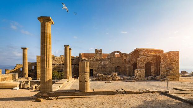 Ruins of Acropolis of Lindos view, Rhodes, Dodecanese Islands, Greek Islands, Greece. Acropolis of Lindos, ancient architecture of Rhodes, Greece. 