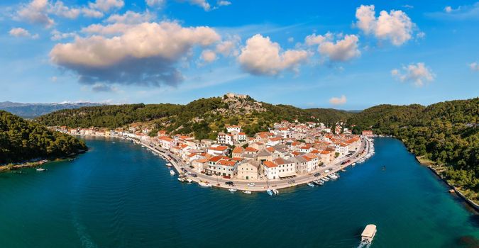 Novigrad Dalmatinski bay panoramic view, Dalmatia, Croatia. Novigrad Dalmatinski bay panoramic aerial view, Dalmatia archipelago of Croatia