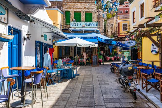 View of the beautiful greek island of Symi (Simi) with colourful houses and small boats. Greece, Symi island, view of the town of Symi (near Rhodes), Dodecanese.