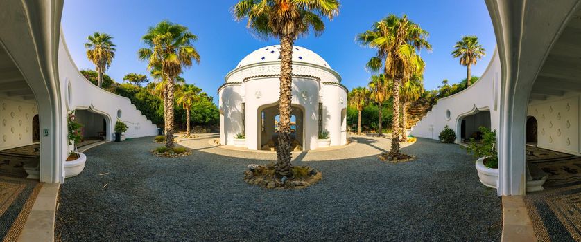 The beautiful buildings at Kalithea Springs constructed in the 1930s, Rhodes Island, Greece, Europe. Kallithea Therms, Kallithea Springs located at the bay of Kallithea on Rhodes island, Greece. 