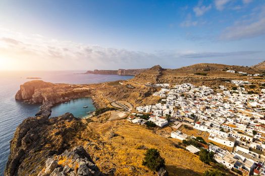Aerial view on St. Paul's bay in Lindos, Rhodes island, Greece. Panoramic shot overlooking St Pauls Bay at Lindos on the Island of Rhodes, Greece, Europe.