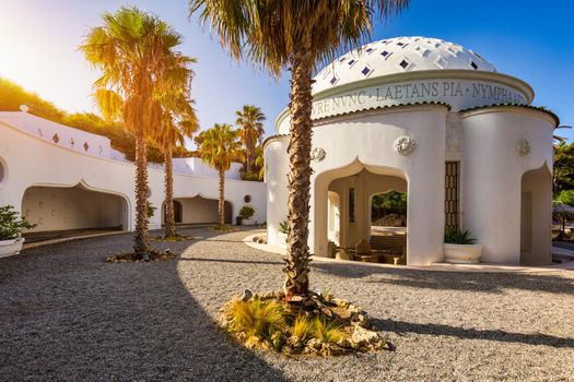 The beautiful buildings at Kalithea Springs constructed in the 1930s, Rhodes Island, Greece, Europe. Kallithea Therms, Kallithea Springs located at the bay of Kallithea on Rhodes island, Greece. 