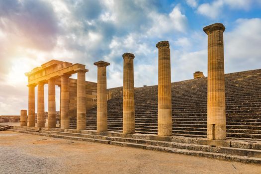 Ruins of Acropolis of Lindos view, Rhodes, Dodecanese Islands, Greek Islands, Greece. Acropolis of Lindos, ancient architecture of Rhodes, Greece. 