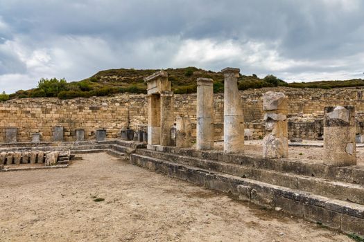 Ancient city of Kameiros on the Greek island of Rhodes in Dodekanisos archipelago. Ancient Kamiros, archaeological site. Archaeological site ancient Kamiros in Rhodes island at Greece. 