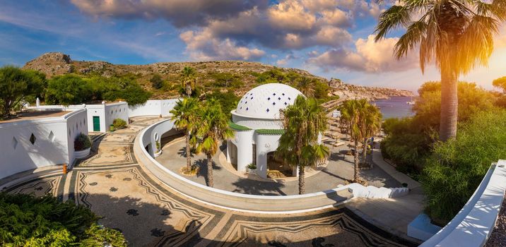 The beautiful buildings at Kalithea Springs constructed in the 1930s, Rhodes Island, Greece, Europe. Kallithea Therms, Kallithea Springs located at the bay of Kallithea on Rhodes island, Greece. 