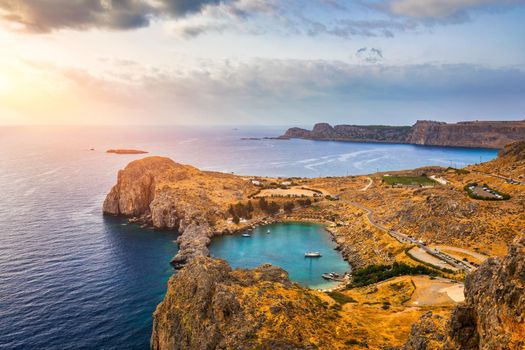 Aerial view on St. Paul's bay in Lindos, Rhodes island, Greece. Panoramic shot overlooking St Pauls Bay at Lindos on the Island of Rhodes, Greece, Europe.