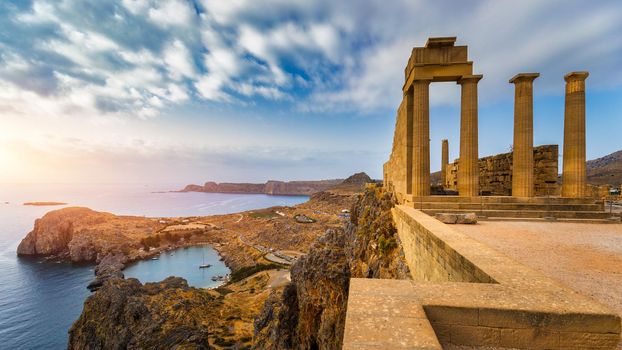 Ruins of Acropolis of Lindos view, Rhodes, Dodecanese Islands, Greek Islands, Greece. Acropolis of Lindos, ancient architecture of Rhodes, Greece. 