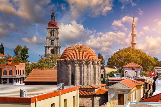 Panoramic view of Rhodes old town on Rhodes island, Greece. Rhodes old fortress cityscape. Travel destinations in Rhodes, Greece.