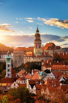 View of historical centre of Cesky Krumlov town on Vltava riverbank on autumn day overlooking medieval Castle, Czech Republic. View of old town of Cesky Krumlov, South Bohemia, Czech Republic.