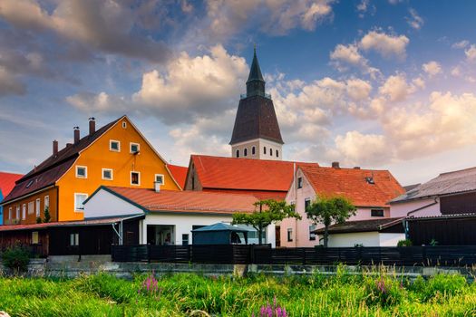 Berching, Bacham is a Bavarian town in the Neumarkt district in the Upper Palatinate. Photographed in summer in the Franconian Alb on the Main Danube Canal and with the Sulz river. Berching, Germany