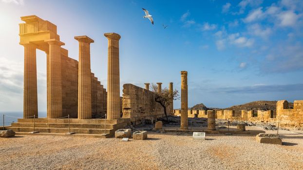 Ruins of Acropolis of Lindos view, Rhodes, Dodecanese Islands, Greek Islands, Greece. Acropolis of Lindos, ancient architecture of Rhodes, Greece. 