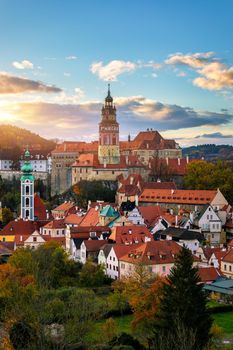 View of historical centre of Cesky Krumlov town on Vltava riverbank on autumn day overlooking medieval Castle, Czech Republic. View of old town of Cesky Krumlov, South Bohemia, Czech Republic.