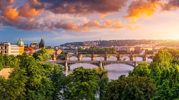 Charles Bridge sunset view of the Old Town pier architecture, Charles Bridge over Vltava river in Prague, Czechia. Old Town of Prague with Charles Bridge, Prague, Czech Republic.