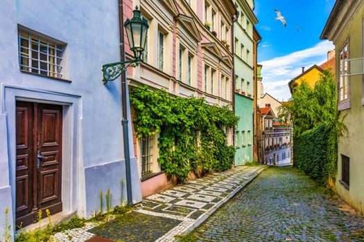 Old Street in Prague in the sunny day, downtown, Prague, Czech Republic, European travel. Beautiful undiscovered street in the old town of Prague, Czechia.