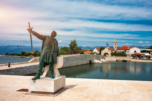 Historic town of Nin laguna view, Dalmatia region of Croatia. Street view of the famous Nin lagoon and medieval in Croatia. Colorful architecture in town of Nin, Dalmatia, Croatia