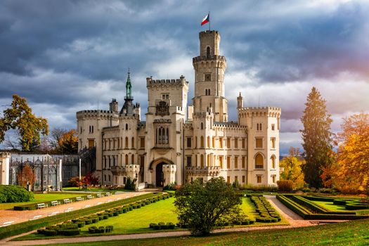 Hluboka Castle, historic chateau in Hluboka nad Vltavou in South Bohemia, Czech Republic. Famous Czech castle Hluboka nad Vltavou, medieval building with beautiful park. Prague, Czechia.