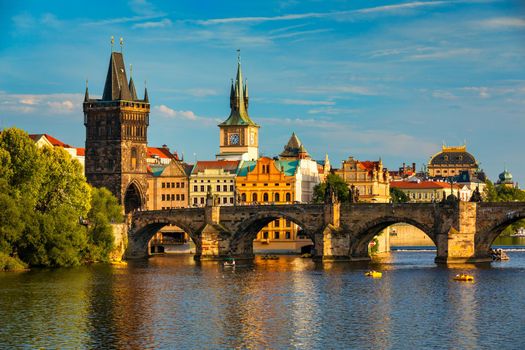 Charles Bridge sunset view of the Old Town pier architecture, Charles Bridge over Vltava river in Prague, Czechia. Old Town of Prague with Charles Bridge, Prague, Czech Republic.