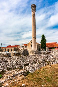 Remains of the biggest Roman Temple on the Adriatic sea in Nin, Croatia. Historic town of Nin laguna view, Dalmatia region of Croatia. Street view of the famous Nin lagoon and medieval in Croatia. 
