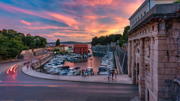 The Land Gate in Zadar at sunset, the main entrance into the city, built by a Venetian architect Michele Sanmicheli in 1543, Zadar, Croatia. The Land Gate to the Old City of Zadar, Croatia.