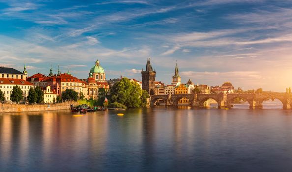 Charles Bridge sunset view of the Old Town pier architecture, Charles Bridge over Vltava river in Prague, Czechia. Old Town of Prague with Charles Bridge, Prague, Czech Republic.