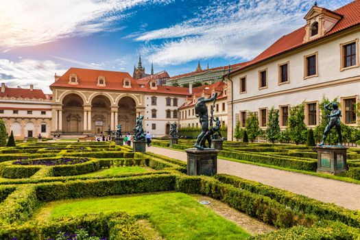 Waldstein palace garden (Valdstejnska Zahrada) and building of the Senate of Czech Republic in Prague. Wallenstein Palace Gardens, Prague, Czech Republic, Europe