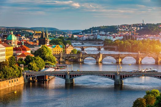 Charles Bridge sunset view of the Old Town pier architecture, Charles Bridge over Vltava river in Prague, Czechia. Old Town of Prague with Charles Bridge, Prague, Czech Republic.