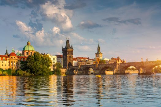 Charles Bridge sunset view of the Old Town pier architecture, Charles Bridge over Vltava river in Prague, Czechia. Old Town of Prague with Charles Bridge, Prague, Czech Republic.