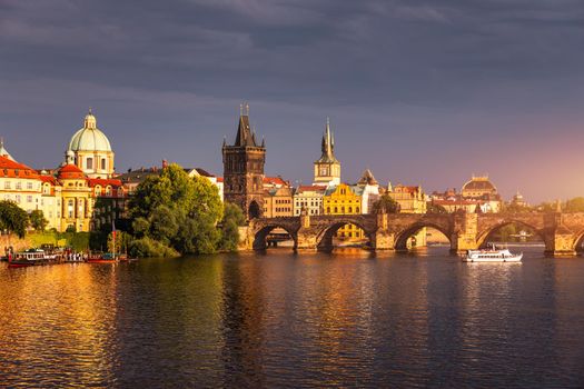 Charles Bridge sunset view of the Old Town pier architecture, Charles Bridge over Vltava river in Prague, Czechia. Old Town of Prague with Charles Bridge, Prague, Czech Republic.