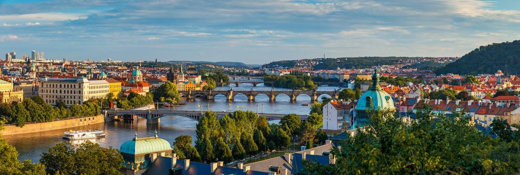 Charles Bridge sunset view of the Old Town pier architecture, Charles Bridge over Vltava river in Prague, Czechia. Old Town of Prague with Charles Bridge, Prague, Czech Republic.