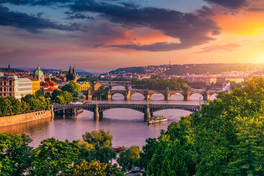 Charles Bridge sunset view of the Old Town pier architecture, Charles Bridge over Vltava river in Prague, Czechia. Old Town of Prague with Charles Bridge, Prague, Czech Republic.