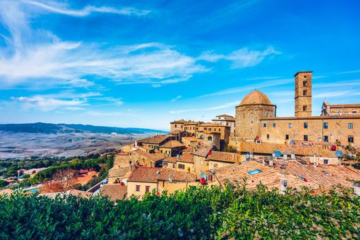 Tuscany, Volterra town skyline, church and panorama view. Maremma, Italy, Europe. Panoramic view of Volterra, medieval Tuscan town with old houses, towers and churches, Volterra, Tuscany, Italy.