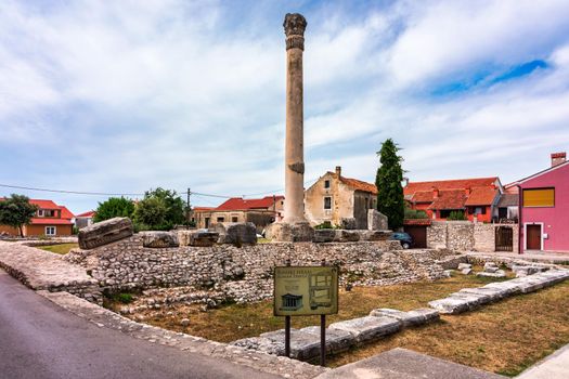 Remains of the biggest Roman Temple on the Adriatic sea in Nin, Croatia. Historic town of Nin laguna view, Dalmatia region of Croatia. Street view of the famous Nin lagoon and medieval in Croatia. 