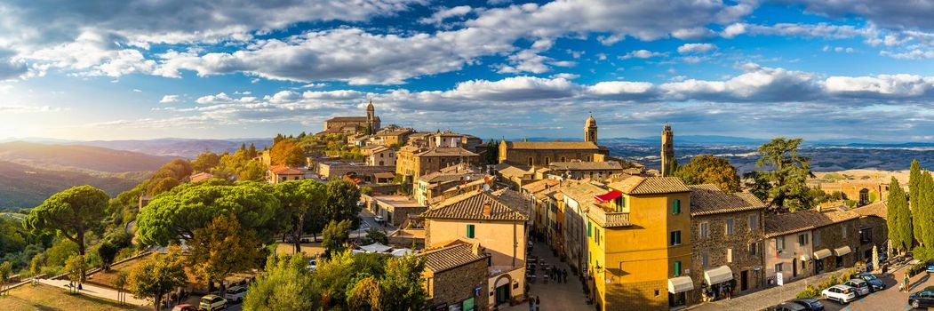 View of Montalcino town, Tuscany, Italy. Montalcino town takes its name from a variety of oak tree that once covered the terrain. View of the medieval Italian town of Montalcino. Tuscany