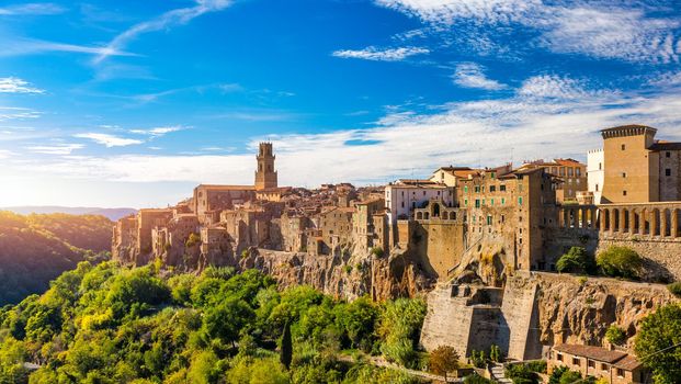 Medieval Pitigliano town over tuff rocks in province of Grosseto, Tuscany, Italy. Pitigliano is a small medieval town in southern Tuscany, Italy.