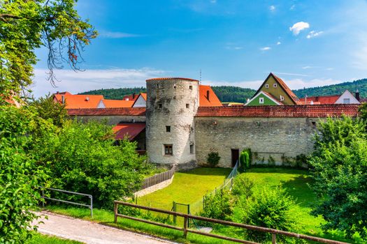 Berching, Bacham is a Bavarian town in the Neumarkt district in the Upper Palatinate. Photographed in summer in the Franconian Alb on the Main Danube Canal and with the Sulz river. Berching, Germany