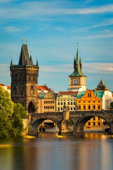 Charles Bridge sunset view of the Old Town pier architecture, Charles Bridge over Vltava river in Prague, Czechia. Old Town of Prague with Charles Bridge, Prague, Czech Republic.