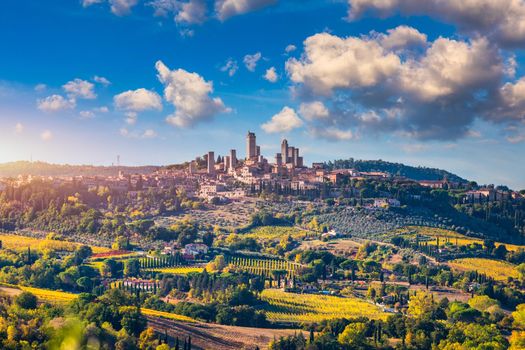 Town of San Gimignano, Tuscany, Italy with its famous medieval towers. Aerial view of the medieval village of San Gimignano, a Unesco World Heritage Site. Italy, Tuscany, Val d'Elsa.