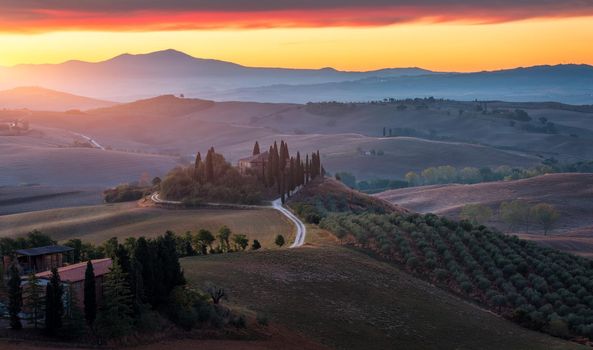 Well known Tuscany landscape with grain fields, cypress trees and houses on the hills at sunset. Summer rural landscape with curved road in Tuscany, Italy, Europe