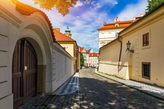 Old Street in Prague in the sunny day, downtown, Prague, Czech Republic, European travel. Beautiful undiscovered street in the old town of Prague, Czechia.