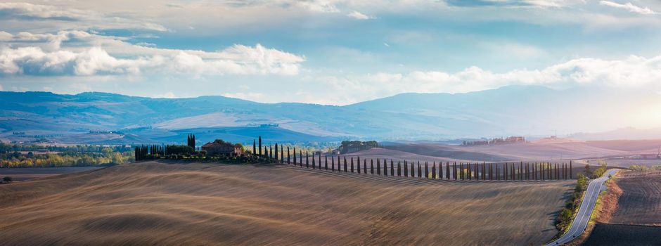 Well known Tuscany landscape with grain fields, cypress trees and houses on the hills at sunset. Summer rural landscape with curved road in Tuscany, Italy, Europe