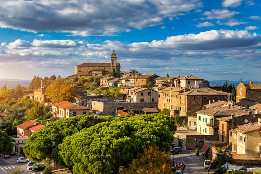View of Montalcino town, Tuscany, Italy. Montalcino town takes its name from a variety of oak tree that once covered the terrain. View of the medieval Italian town of Montalcino. Tuscany