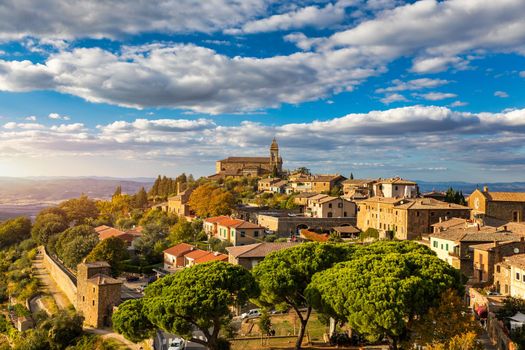 View of Montalcino town, Tuscany, Italy. Montalcino town takes its name from a variety of oak tree that once covered the terrain. View of the medieval Italian town of Montalcino. Tuscany