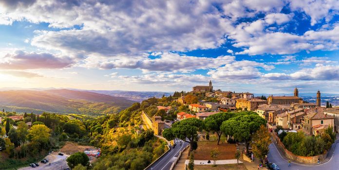 View of Montalcino town, Tuscany, Italy. Montalcino town takes its name from a variety of oak tree that once covered the terrain. View of the medieval Italian town of Montalcino. Tuscany