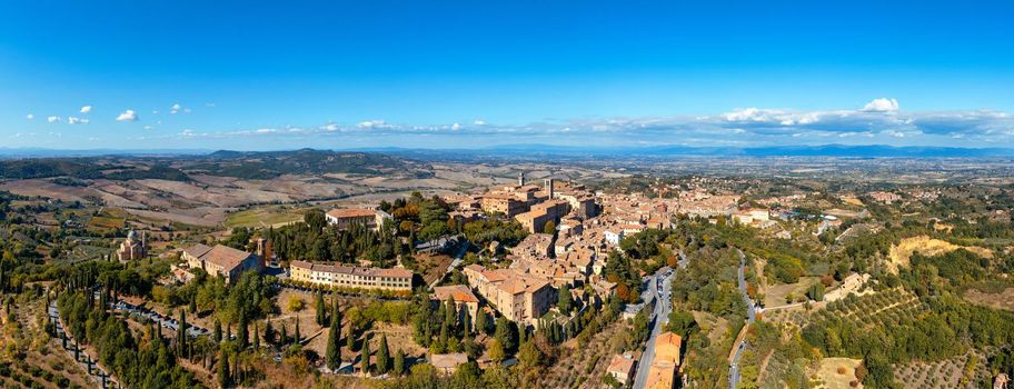 Village of Montepulciano with wonderful architecture and houses. A beautiful old town in Tuscany, Italy. Aerial view of the medieval town of Montepulciano, Italy