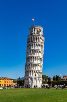Leaning Tower of Pisa in a sunny day in Pisa, Italy. Leaning Tower of Pisa on Piazza dei Miracoli in Pisa, Tuscany, Italy.