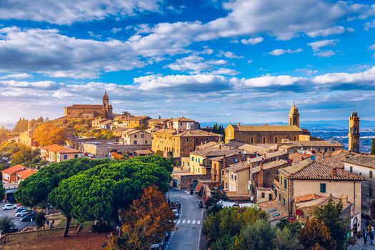 View of Montalcino town, Tuscany, Italy. Montalcino town takes its name from a variety of oak tree that once covered the terrain. View of the medieval Italian town of Montalcino. Tuscany