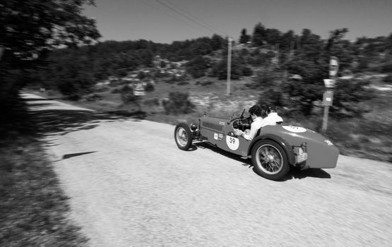 URBINO - ITALY - JUN 16 - 2022 : RALLY ABC 1100 1928 on an old racing car in rally Mille MigLIA